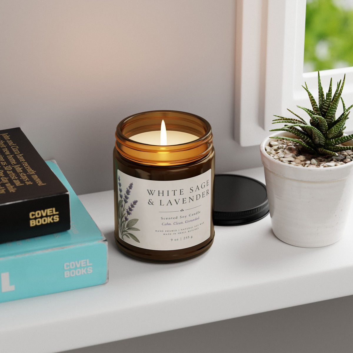 White Sage & Lavender Scented Soy Candle — Amber Jar (Multi-Size)