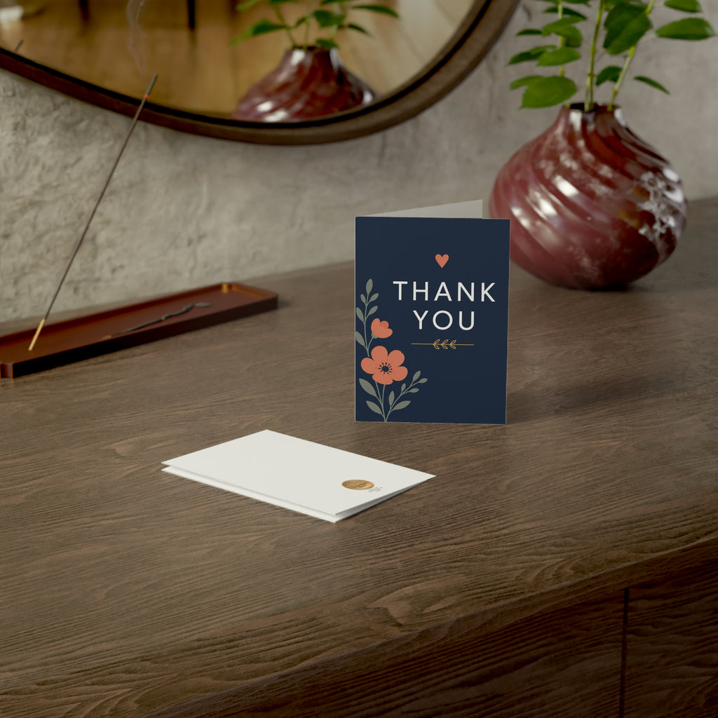 Thank You Greeting Cards — Floral Navy Folded Cards (10/30/50 pcs)