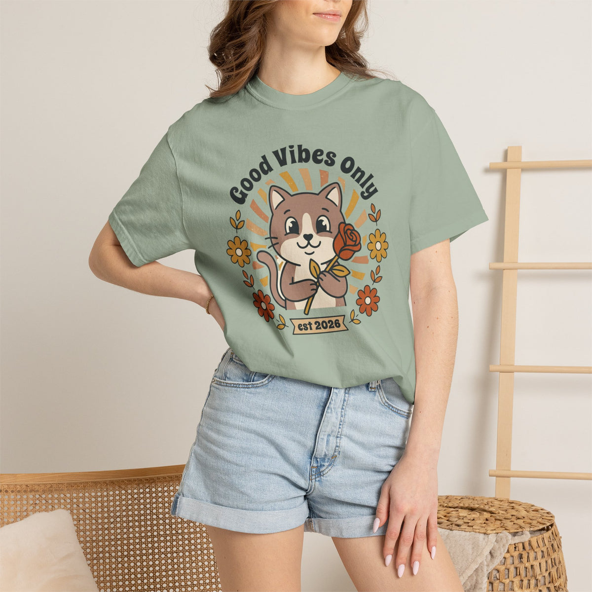 Good Vibes Only Cat T Shirt Floral Cat Graphic Tee