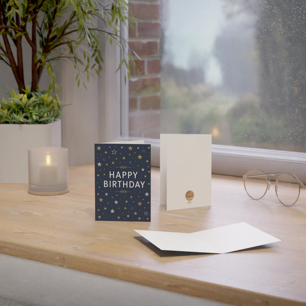 Birthday Greeting Card — Navy Stars "Happy Birthday" (Bulk Packs)