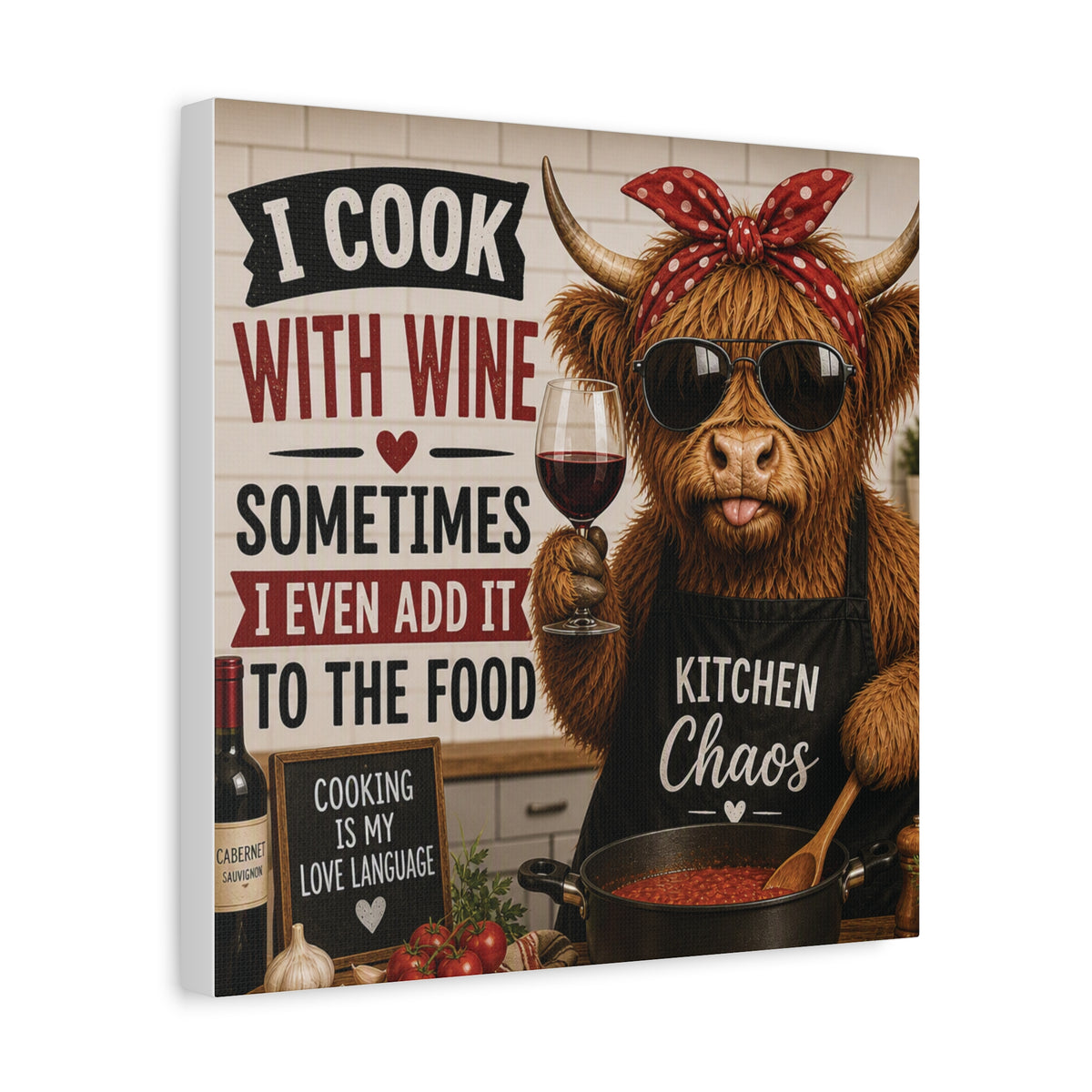 I Cook With Wine Canvas Wall Art — Cute Highland Cow Kitchen Sign ("I Cook With Wine Sometimes I Even Add It To The Food")