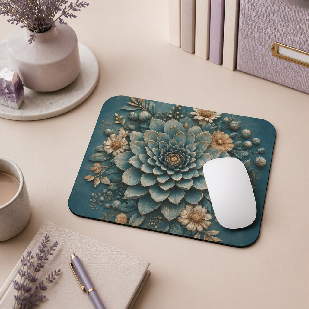 Teal Dahlia Floral Illustration Mouse Pad | Botanical Desk Accessory
