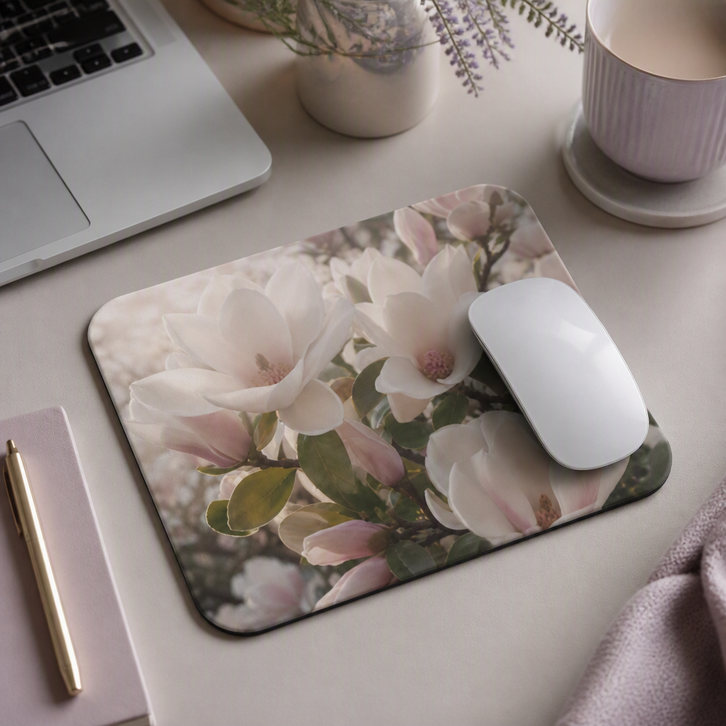 Soft White Magnolia Flowers Mouse Pad | Floral Desktop Accessory