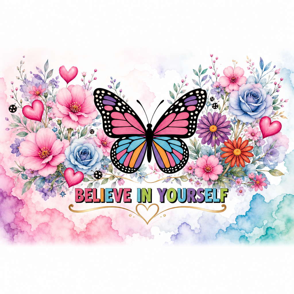 Colorful Butterfly Believe In Yourself Tumbler 20oz | Floral Watercolor Travel Cup