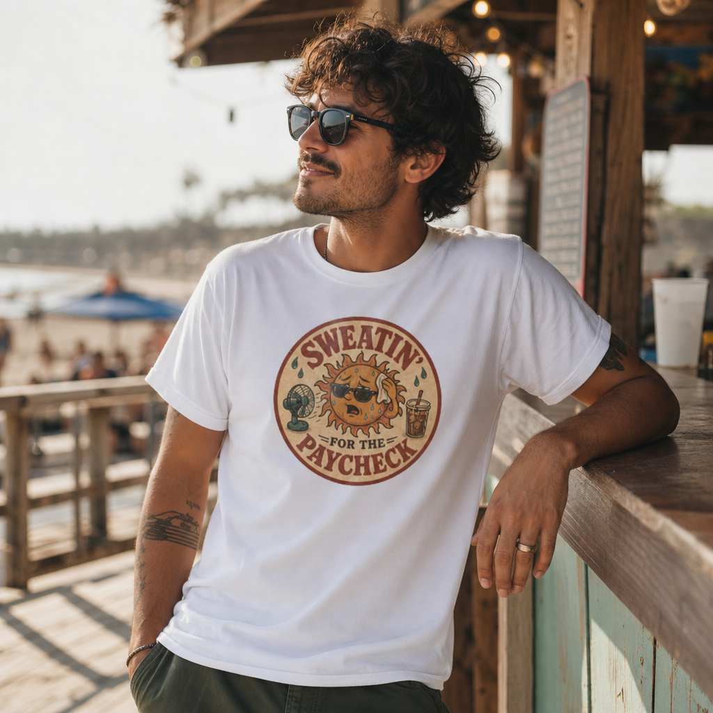 Sweatin' for the Paycheck T-Shirt | Retro Sun, Soda, & Fan Graphic
