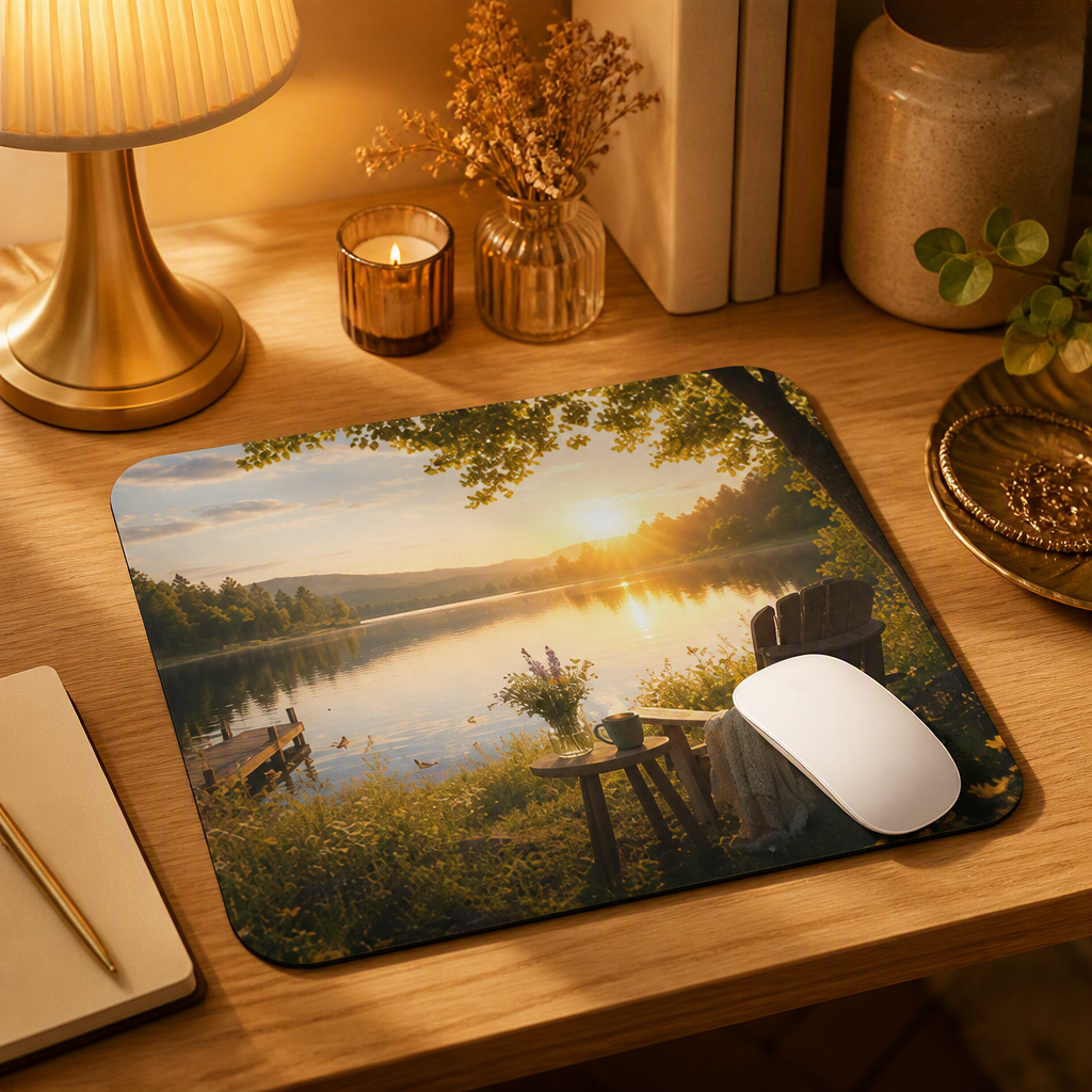 Sunset Lake View Mouse Pad | Lakeside Chair Dock Nature Desk Mat