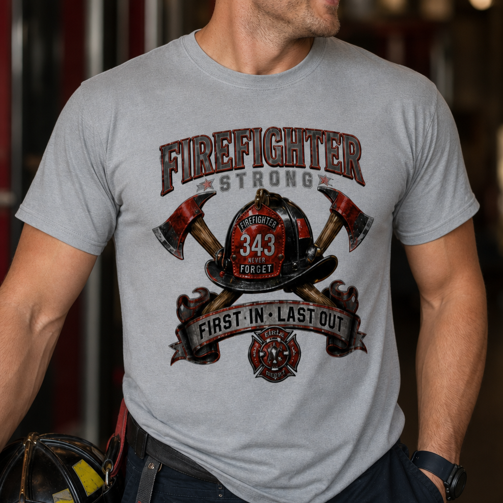 Firefighter Strong axe helmet emblem T-Shirt | First In Last Out