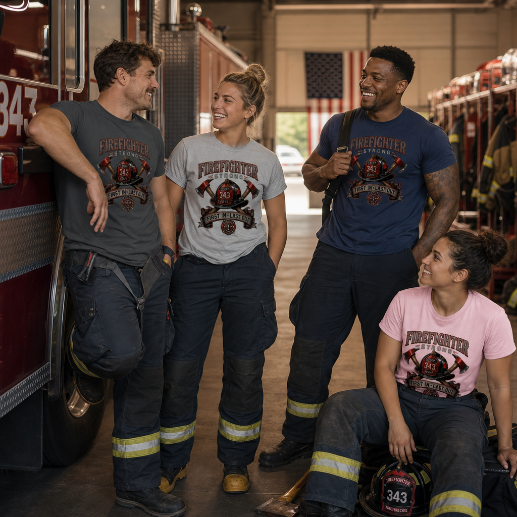 Firefighter Strong axe helmet emblem T-Shirt | First In Last Out