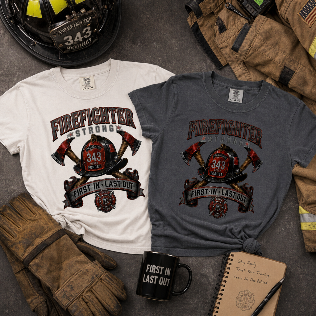 Firefighter Strong axe helmet emblem T-Shirt | First In Last Out