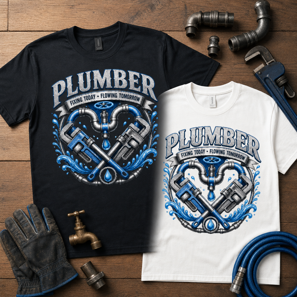 Plumber Plumbing Tools Graphic T-shirt | Pipe Wrench Crossed Logo