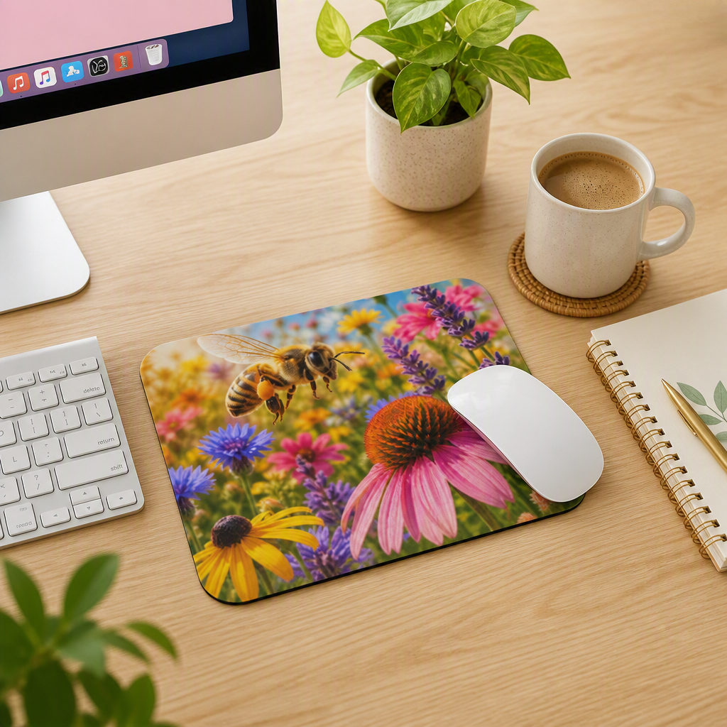 Honeybee in Wildflower Meadow Mouse Pad | Bee Floral Desk Mat