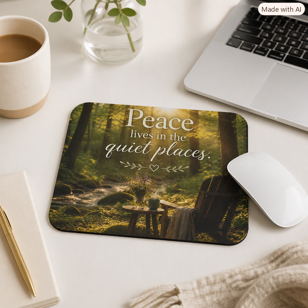Peace Lives in the Quiet Places Mouse Pad | Woodland Relaxing Desk Mat