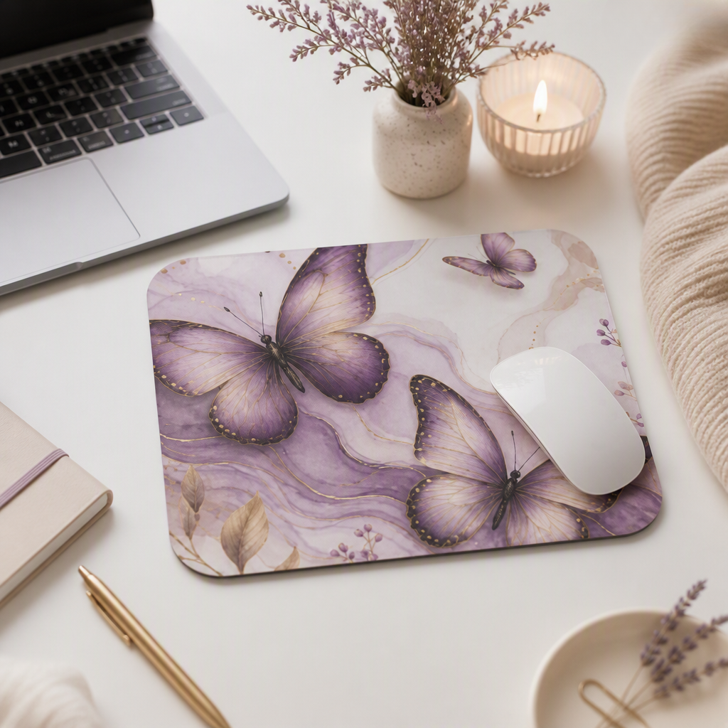 Purple Butterfly Watercolor Mouse Pad | Floral Desk Accessory