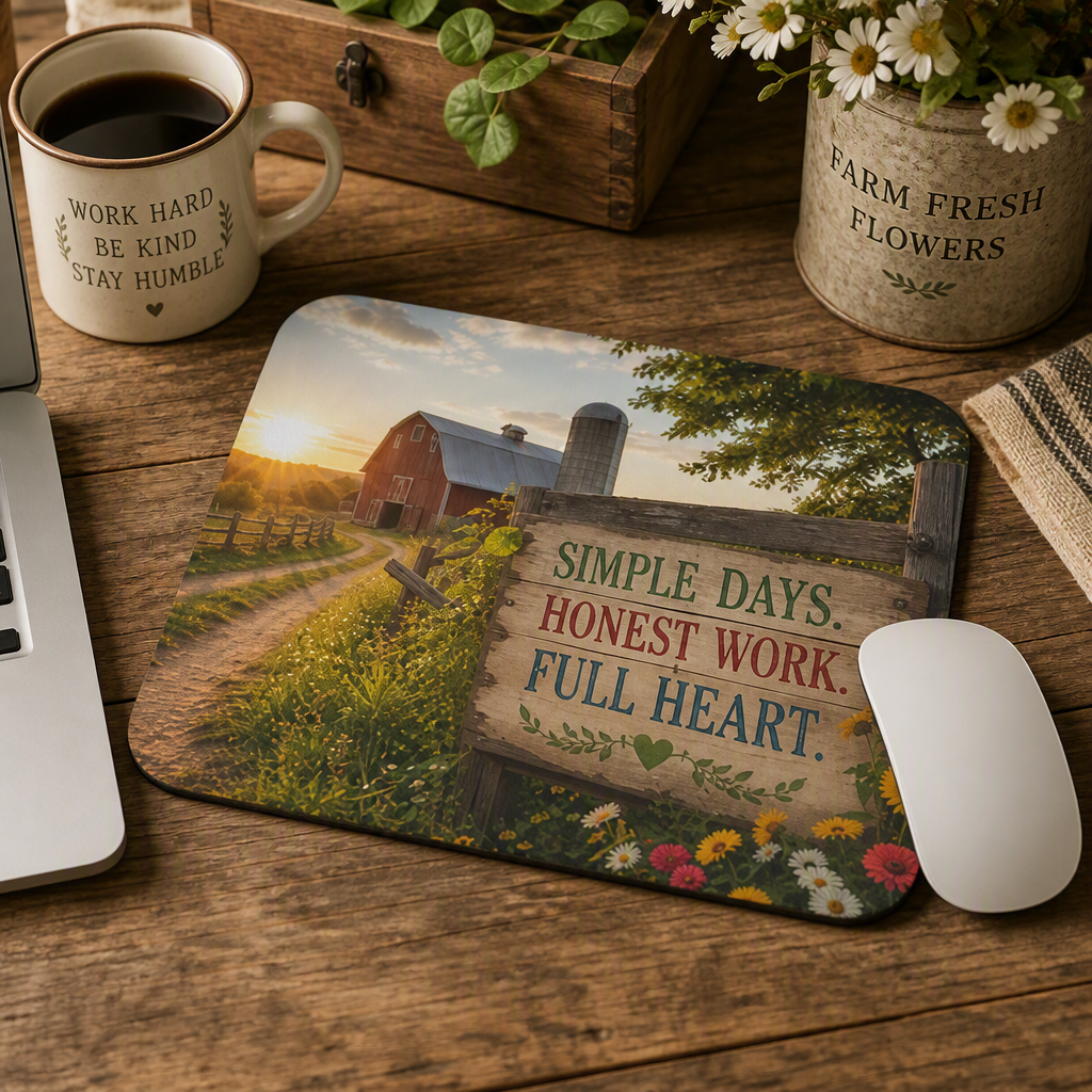 Simple Days Honest Work Full Heart mouse pad | Farmhouse sunrise scene
