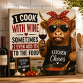 I Cook With Wine Canvas Wall Art — Cute Highland Cow Kitchen Sign ("I Cook With Wine Sometimes I Even Add It To The Food")