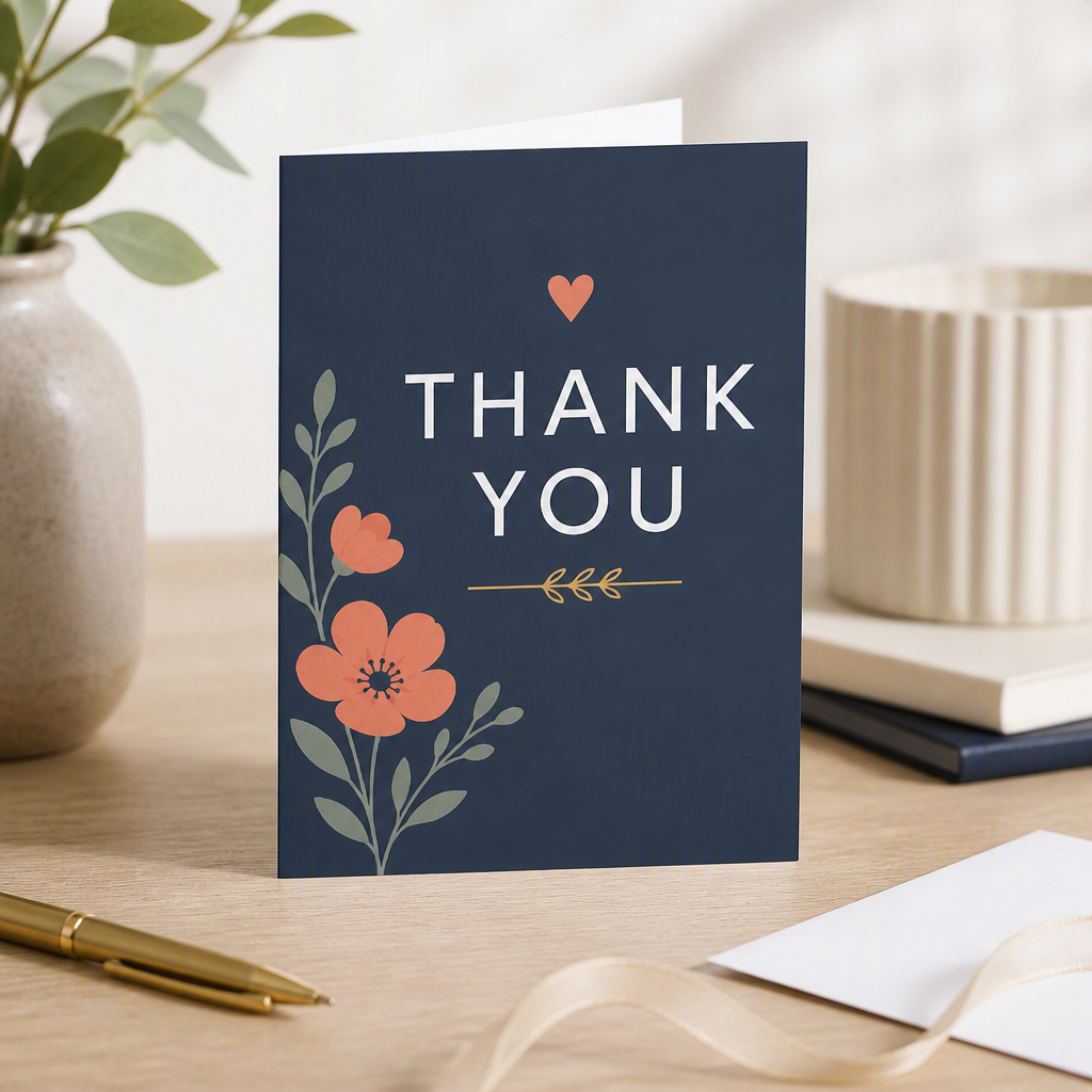 Thank You Greeting Cards — Floral Navy Folded Cards (10/30/50 pcs)