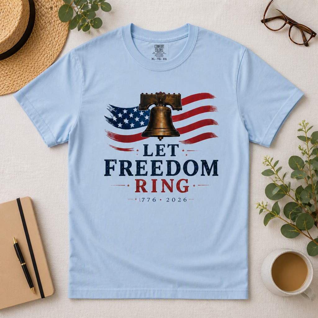 Let Freedom Ring T-Shirt — Liberty Bell & American Flag Patriotic Tee (1776–2024)