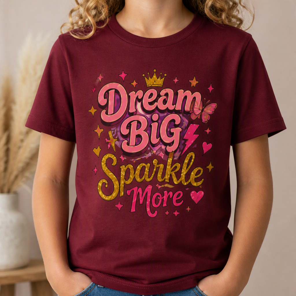 Dream Big Sparkle More Youth T‑Shirt — Inspirational Sparkle Graphic Tee for Girls