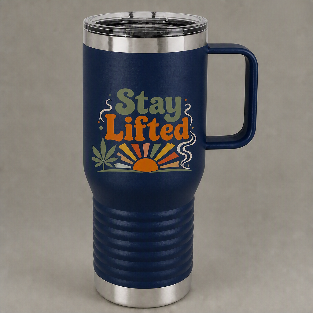 Stay Lifted 20oz Travel Mug — Retro Sunrise Cannabis Design
