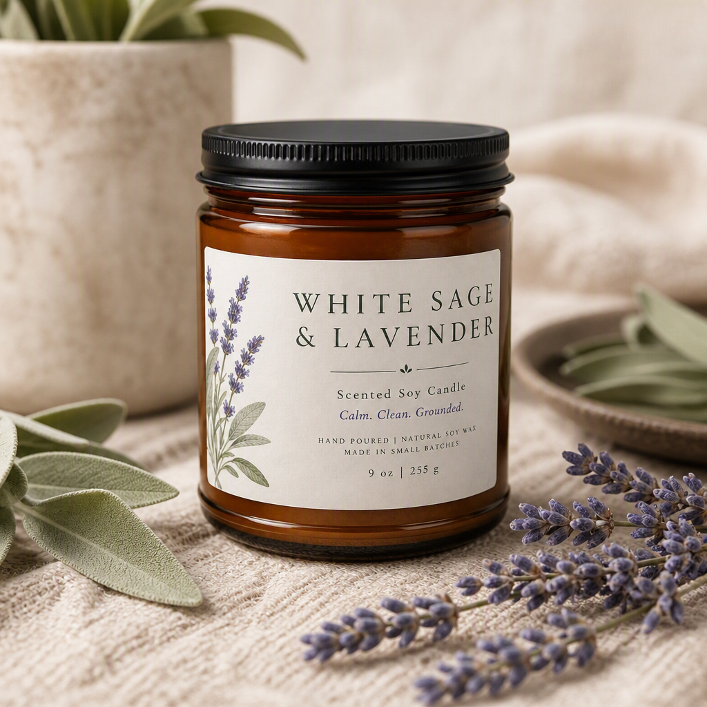 White Sage & Lavender Scented Soy Candle — Amber Jar (Multi-Size)