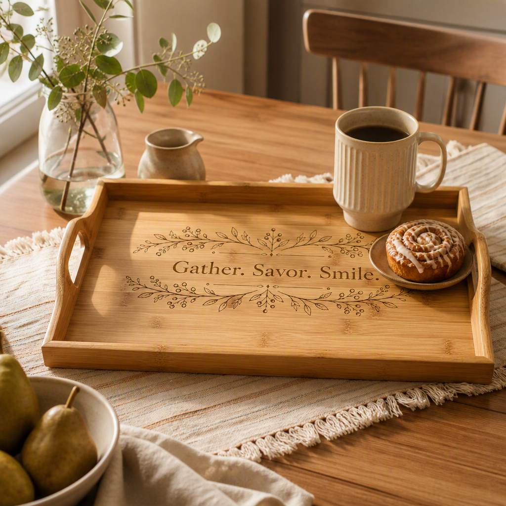 Engraved Bamboo Serving Tray — "Gather, Savor, Smile" Decorative Entertaining Tray
