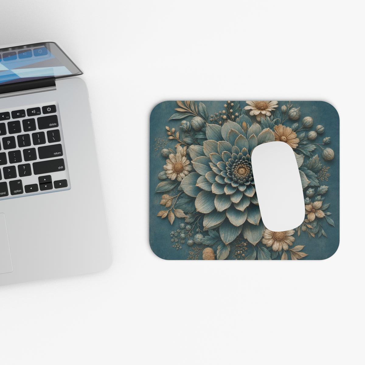 Teal Dahlia Floral Illustration Mouse Pad | Botanical Desk Accessory