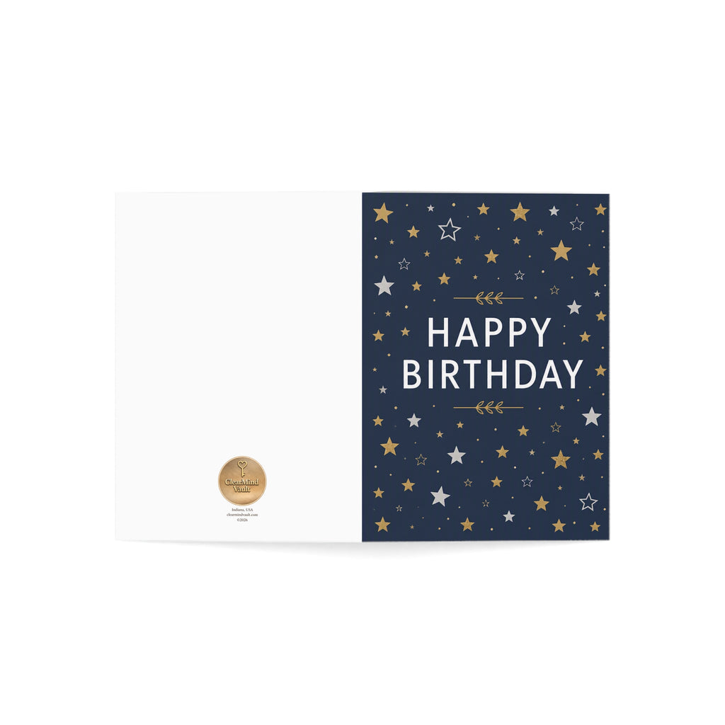 Birthday Greeting Card — Navy Stars "Happy Birthday" (Bulk Packs)