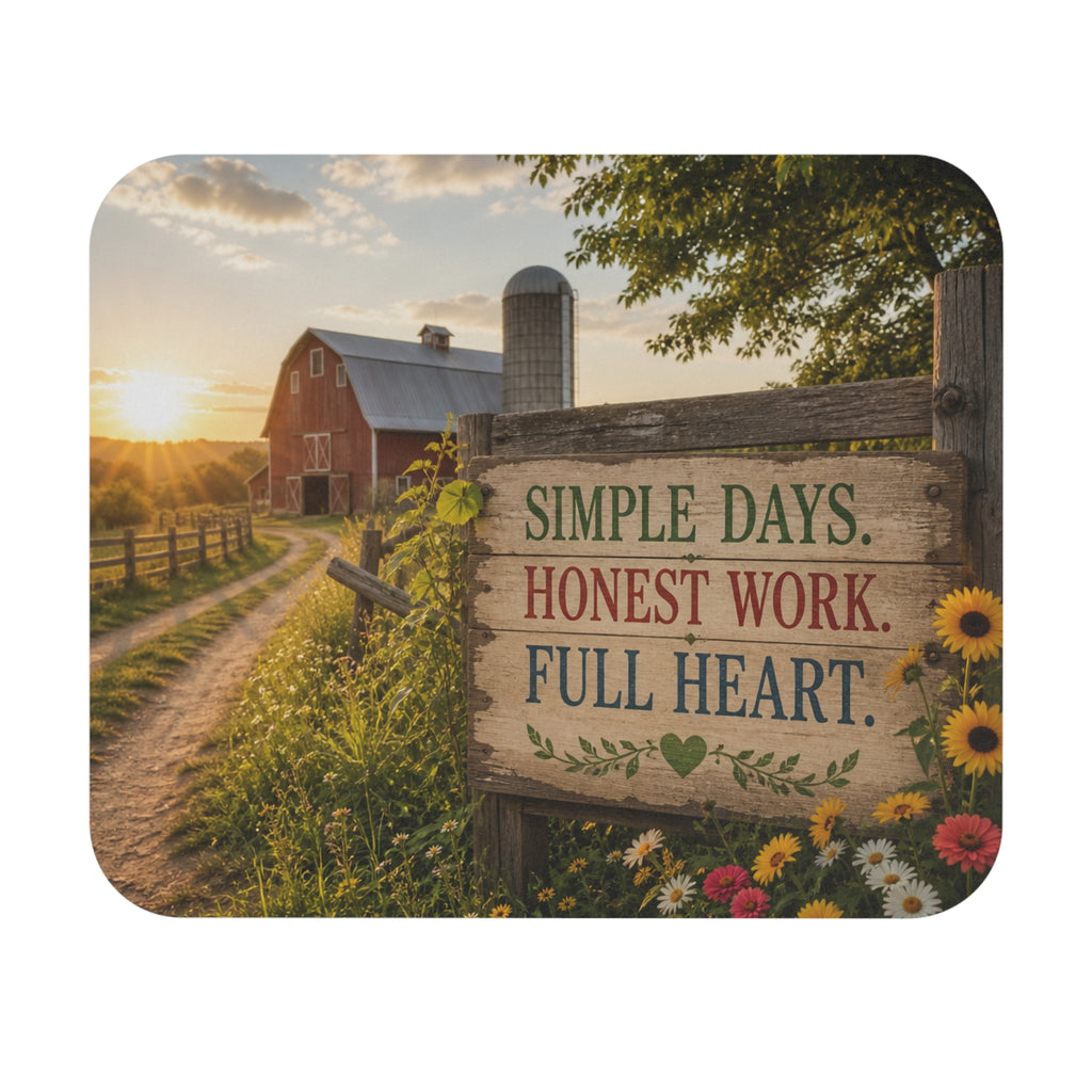 Simple Days Honest Work Full Heart mouse pad | Farmhouse sunrise scene