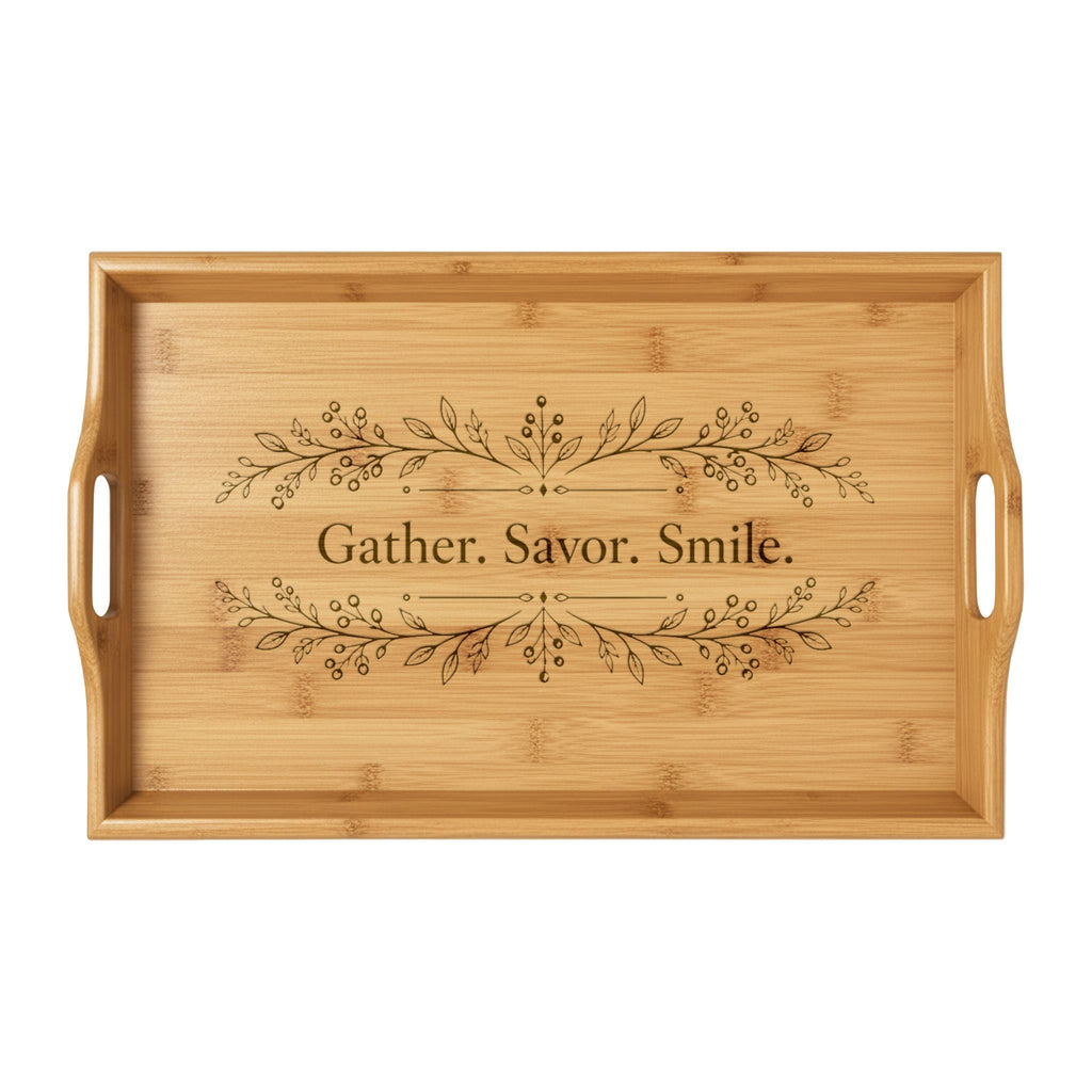 Engraved Bamboo Serving Tray — "Gather, Savor, Smile" Decorative Entertaining Tray