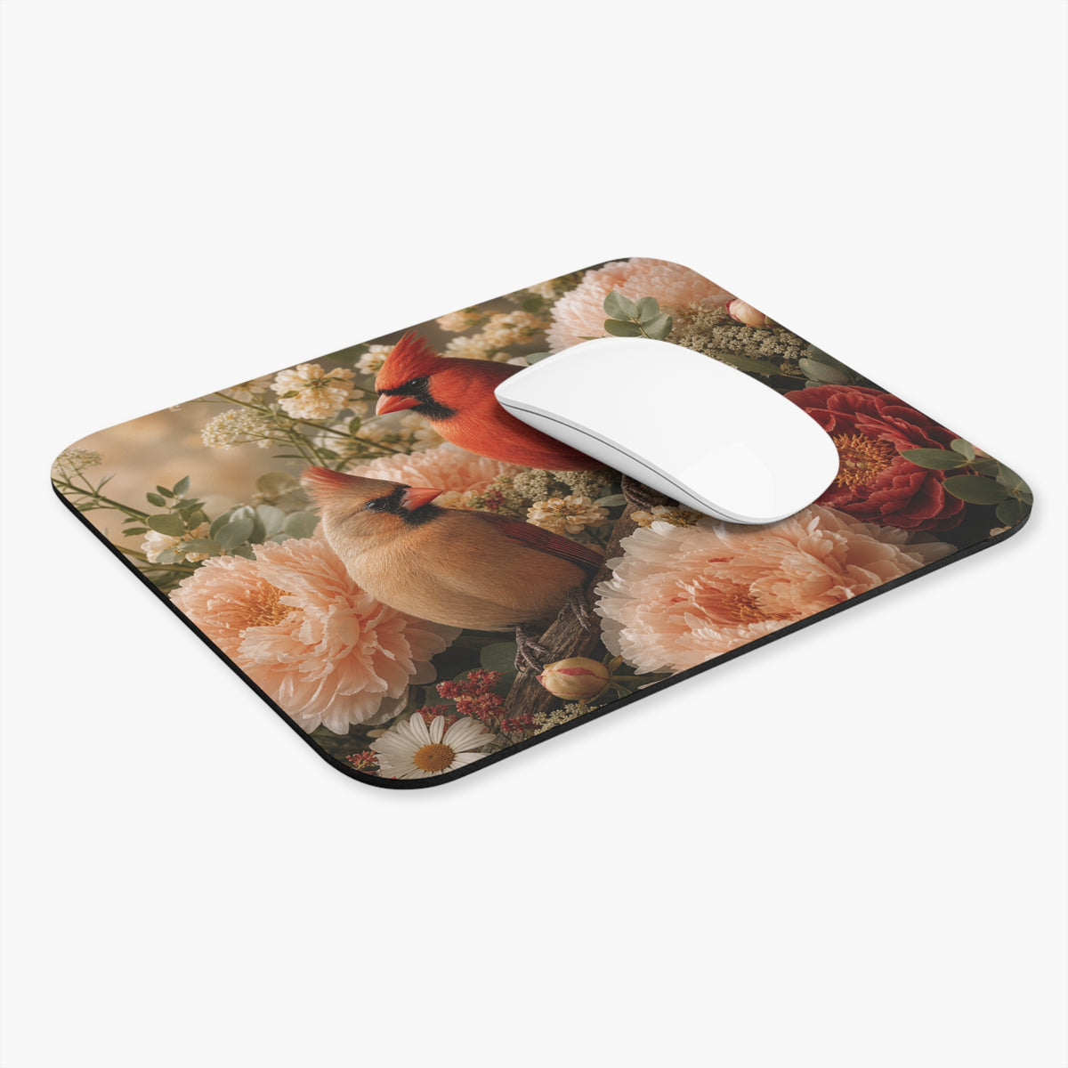 Cardinal Birds Floral Mouse Pad | Red & Tan Cardinals with Daisies