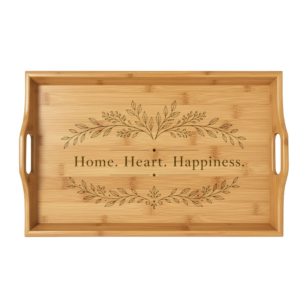 Engraved Bamboo Serving Tray – "Home, Heart, Happiness"