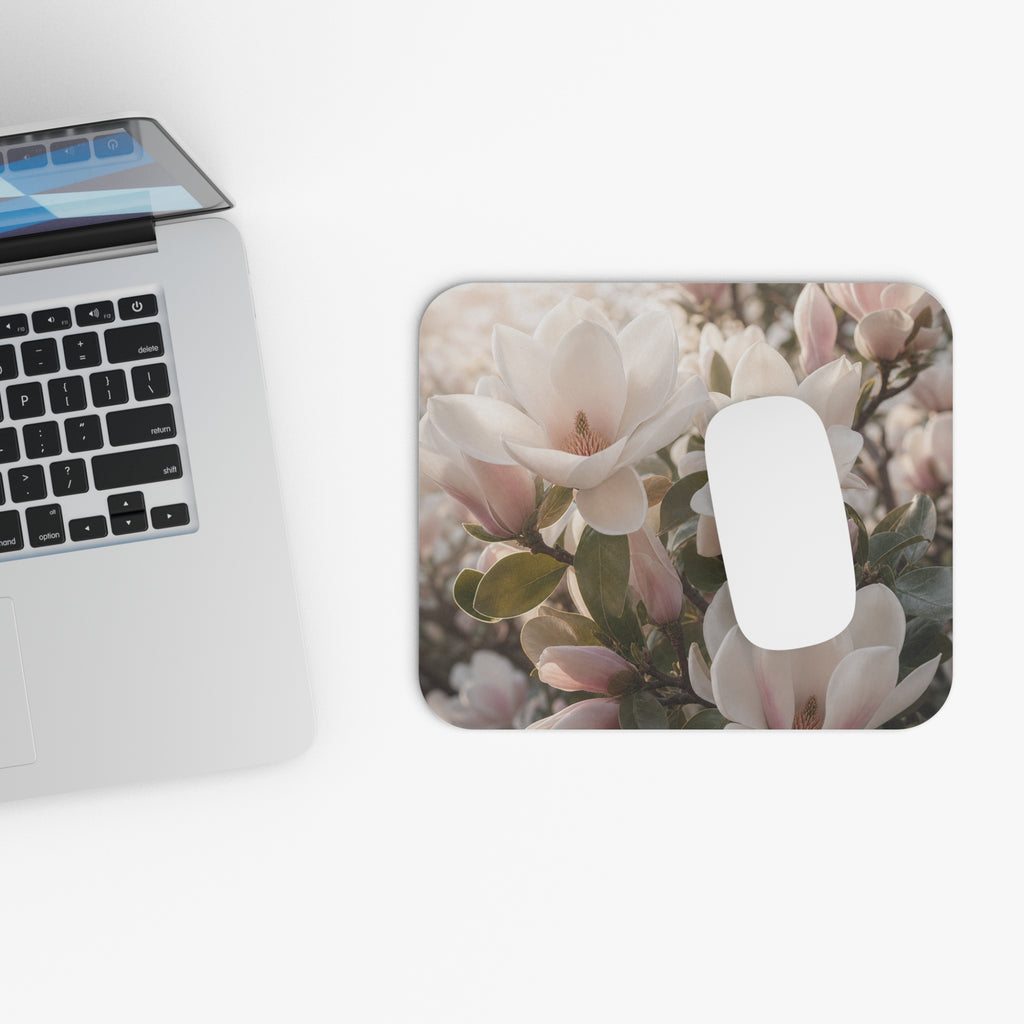 Soft White Magnolia Flowers Mouse Pad | Floral Desktop Accessory