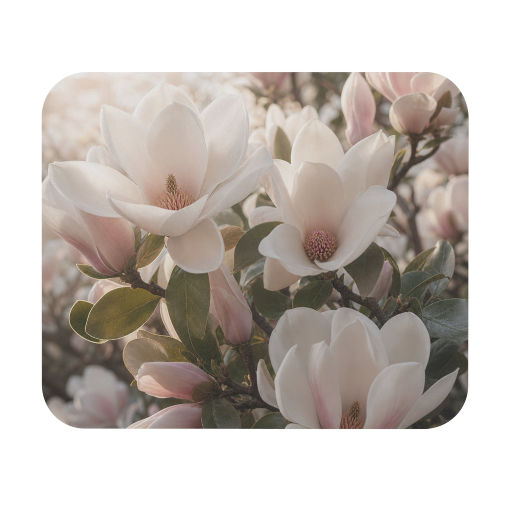 Soft White Magnolia Flowers Mouse Pad | Floral Desktop Accessory