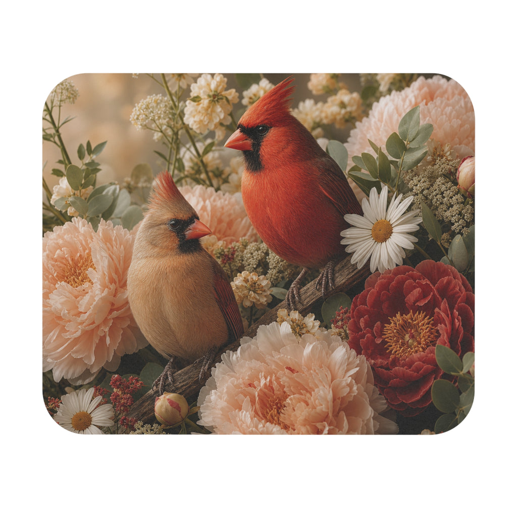 Cardinal Birds Floral Mouse Pad | Red & Tan Cardinals with Daisies