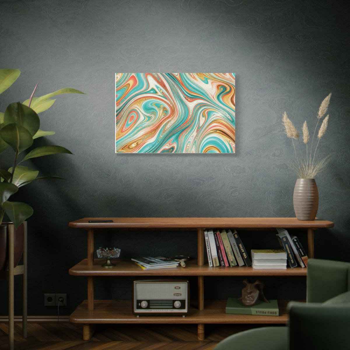 Abstract Turquoise & Coral Marble Matte Canvas Print