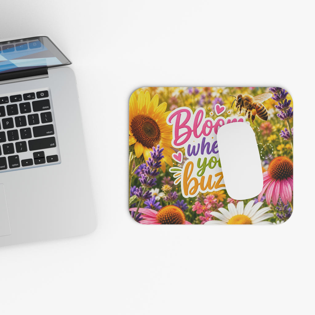 Bloom Where You Buzz Mouse Pad | Floral Bee Garden Desk Mat