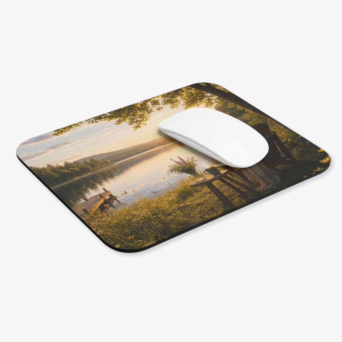 Sunset Lake View Mouse Pad | Lakeside Chair Dock Nature Desk Mat