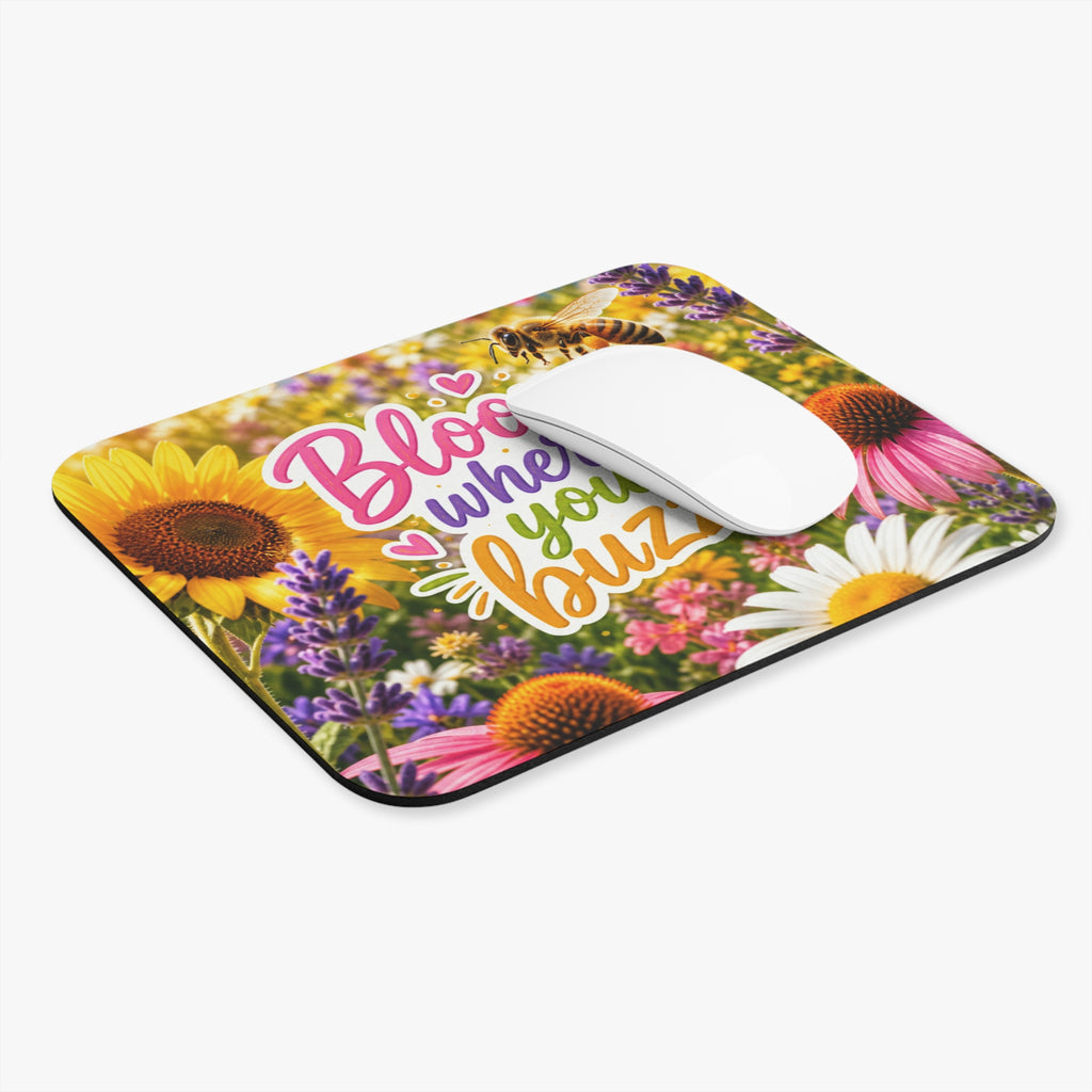 Bloom Where You Buzz Mouse Pad | Floral Bee Garden Desk Mat